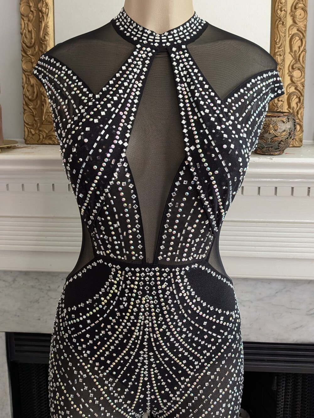 Fashion Nova Sheer Black Rhinestone Yara Bodysuit Size S Mesh Stretch Rave Bling - Picture 8 of 12
